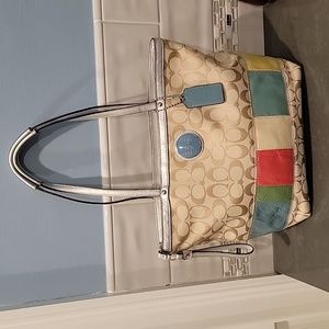 Coach Signature F17426 Khaki Multi Logo Canvas Patent tote